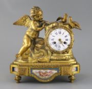 Scheerer of Paris. A late 19th century French ormolu and Sevres style porcelain mantel clock,