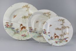 Three graduated Chinese famille rose 'deer, bamboo and lingzhi' dishes, Qianlong period (1736-95),