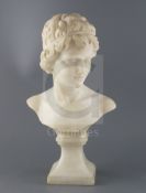 An early 20th century French carved marble bust of a young woman, in the classical manner, with