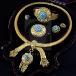 A Victorian gold, turquoise cluster and diamond set parure, in original leather case, comprising a