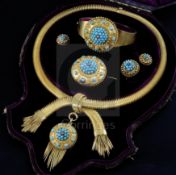 A Victorian gold, turquoise cluster and diamond set parure, in original leather case, comprising a