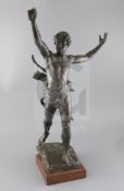 Eugène Marioton (1854-1933). A bronze figure of a victorious archer standing with arms aloft, signed