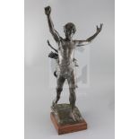 Eugène Marioton (1854-1933). A bronze figure of a victorious archer standing with arms aloft, signed