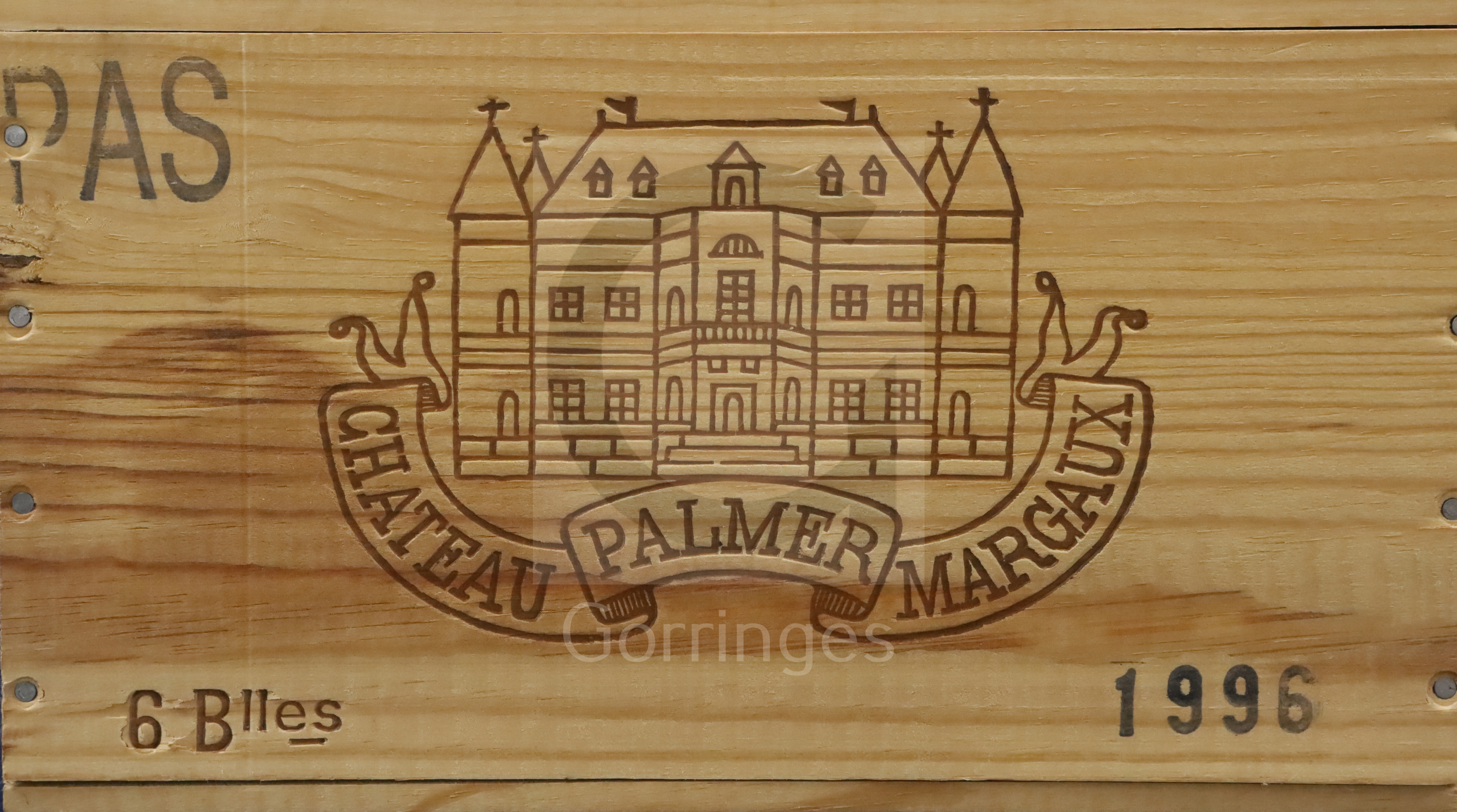 An unopened case of six Chateau Palmer, 1996 Margaux, retailed by The Wine Society