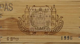 An unopened case of six Chateau Palmer, 1996 Margaux, retailed by The Wine Society