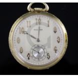 A 20th century Waltham, USA, 14ct gold open-face keyless lever pocket watch, with Arabic dial and