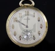 A 20th century Waltham, USA, 14ct gold open-face keyless lever pocket watch, with Arabic dial and