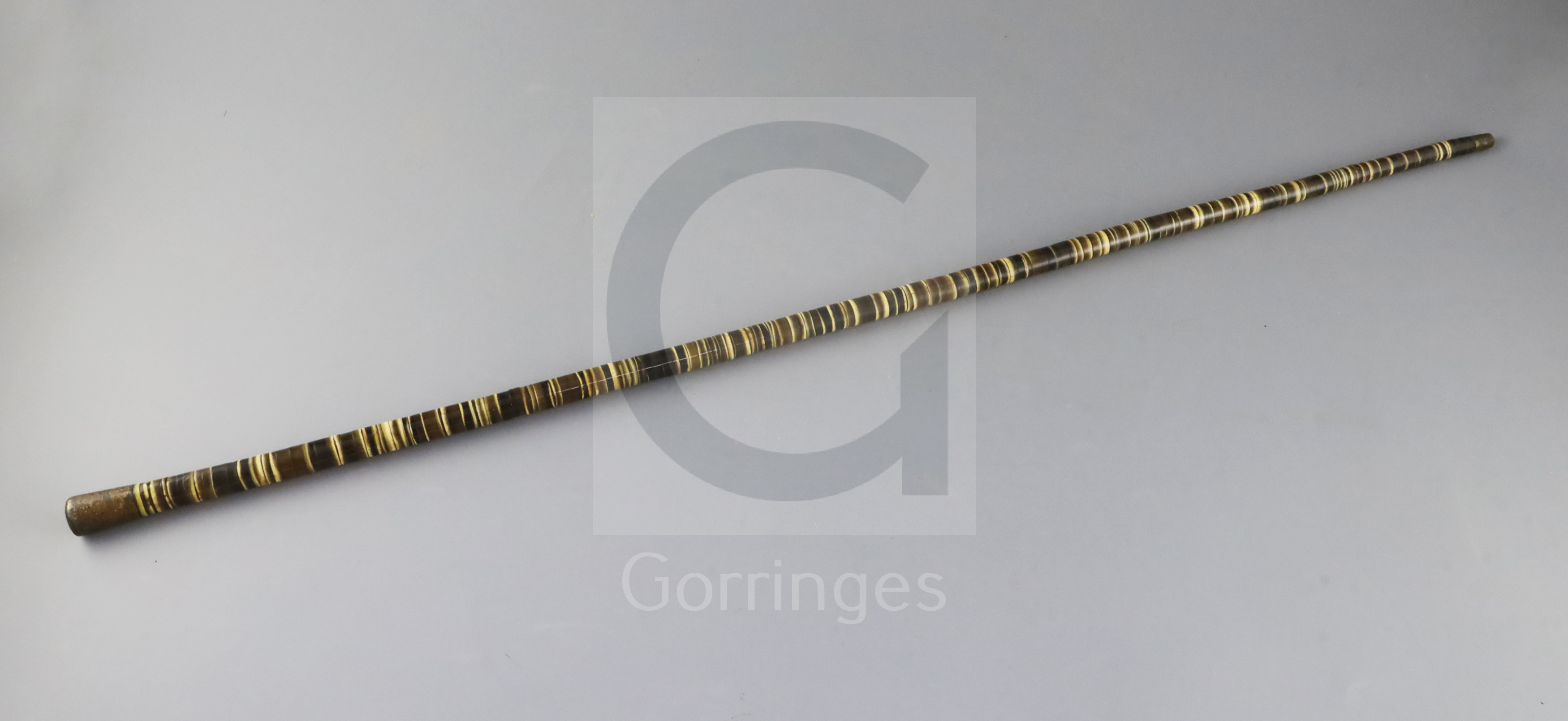 A 18th century baleen agate banded walking cane, 32in.