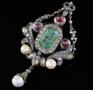 A Georgian gold and silver, emerald, cabochon ruby, rose cut diamond and pearl set drop pendant