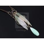 An early 20th century French? glass bead and carved horn cicada pendant necklace, pendant 78mm