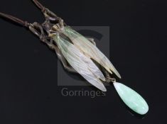 An early 20th century French? glass bead and carved horn cicada pendant necklace, pendant 78mm