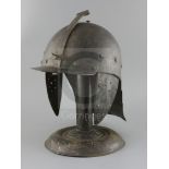 A good heavy 17th century cavalry trooper's helmet, one piece skull, button shaped finial, fixed