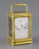 A mid 19th century French lacquered brass hour repeating carriage clock, in gorge case, with