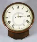 A mid 19th century mahogany drop dial wall clock, with painted Roman dial and twin fusee movement,