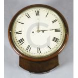 A mid 19th century mahogany drop dial wall clock, with painted Roman dial and twin fusee movement,