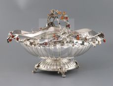 A 20th century continental 925 and agate bead set oval fruit basket, with 'leaf and acorn' handle