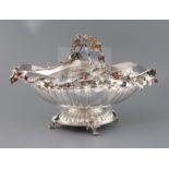 A 20th century continental 925 and agate bead set oval fruit basket, with 'leaf and acorn' handle