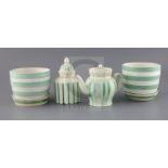 Two Wedgwood Queensware green banded cache pots and stands, a Leeds creamware teapot and cover and