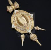 A Victorian etruscan style gold and two colour enamel oval drop pendant, the pendant with central
