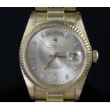 A gentleman's 1980's? 18ct gold and diamond Rolex Oyster Perpetual Day Date wristwatch, on 18ct gold