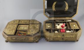 A 19th century Chinese export black lacquer work box, with assorted ivory fittings and a similar