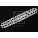 A 1930's/1940's pierced platinum?, synthetic sapphire and diamond set bracelet (a.f.), of canted