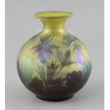 A Galle cameo glass globular vase, c.1910, decorated with flowers in green and pale brown on a