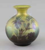 A Galle cameo glass globular vase, c.1910, decorated with flowers in green and pale brown on a