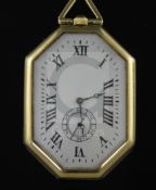 A mid 20th century continental 18k octagonal dress pocket watch, with tumbling Roman numerals and