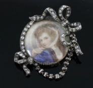 A 19th century gold and silver, rose cut diamond and mother of pearl mounted miniature portrait