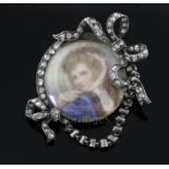 A 19th century gold and silver, rose cut diamond and mother of pearl mounted miniature portrait