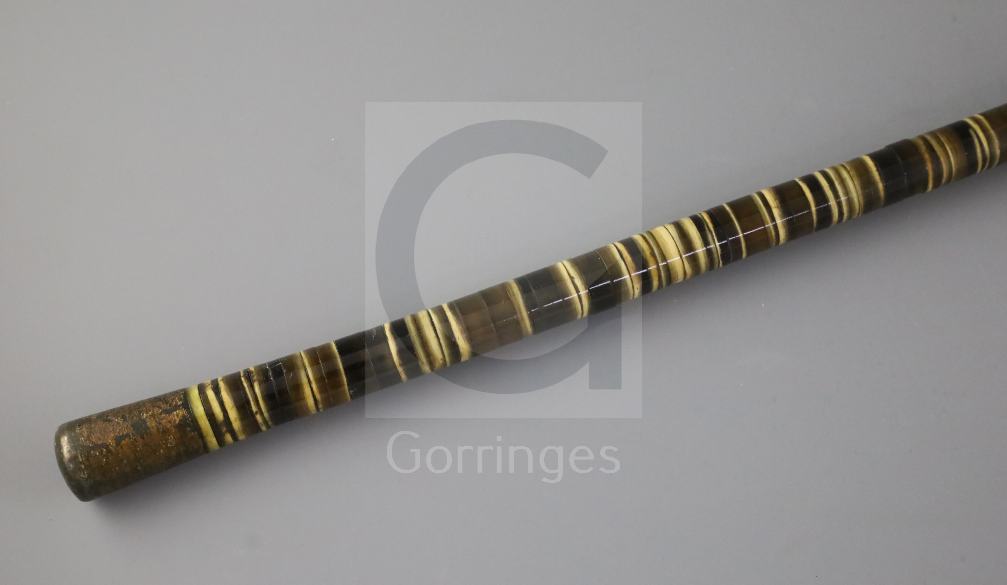 A 18th century baleen agate banded walking cane, 32in. - Image 2 of 2