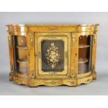 A Victorian marquetry inlaid ormolu mounted figured walnut credenza, of D shaped form with central