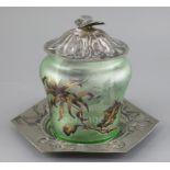 An Art Nouveau Val St Lambert cameo glass biscuit barrel with Orivit pewter cover and stand, c.1910,