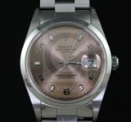 A gentleman's 2003 stainless steel Rolex Oyster Perpetual Date wrist watch, with pink rose