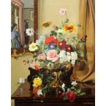 § Albert Williams (1922-2010)oil on canvasStill life of flowers in a brass vase with a lady