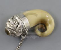 A 19th century silver mounted horn 'snuff mull' vinaigrette, unmarked, with citrine set lid,