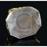 A Victorian pierced gold mounted rock crystal? set fob seal, the matrix carved with ornate crest,