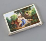 A 1920's/1930's continental silver and enamel rectangular minaudiere, the lid decorated with figures