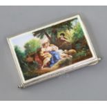 A 1920's/1930's continental silver and enamel rectangular minaudiere, the lid decorated with figures
