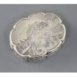 A Victorian silver cusped oval vinaigrette by Edward Smith, the lid engraved with country estate and