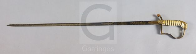 A George III naval officer's sword, blued and gilt blade etched with crowned GR and fouled anchor,