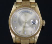 A gentleman's late 20th century 18ct gold and diamond set Rolex Oyster Perpetual Day-Date wrist