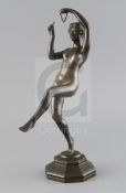 Eugène Piron (1875-1928). Art Art Deco bronze figure of a nude dancing girl playing the triangle,