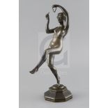 Eugène Piron (1875-1928). Art Art Deco bronze figure of a nude dancing girl playing the triangle,