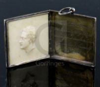 A late George III parcel gilt silver and ivory square mourning locket, opening to reveal an ivory