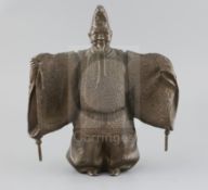 A Japanese bronze figure of a priest, Meiji period, engraved three character signature, H. 27.