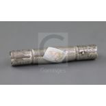 A Victorian engraved silver novelty double scent bottle modelled as a Christmas cracker, inset