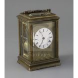 A late 19th century French lacquered brass hour repeating carriage clock, in gorge case, with