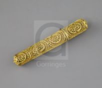 A late 18th century gilt filigree work needle or bodkin case, 4in., in original fish skin